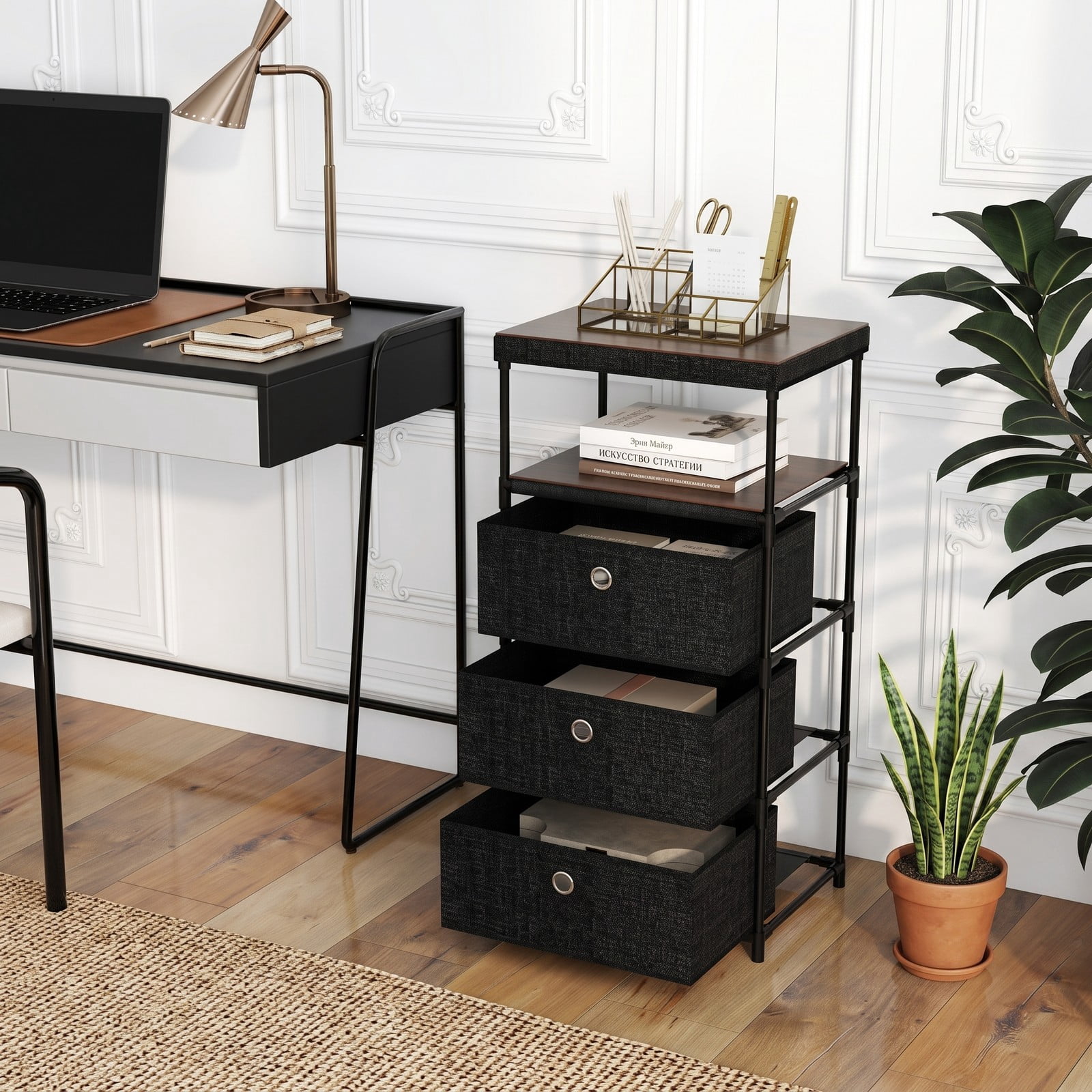 Furnibear 3-Drawer Fabric Storage Tower Dresser with Wood Top Open Shelf and Metal Frame for Bedroom Closet and Office, Black