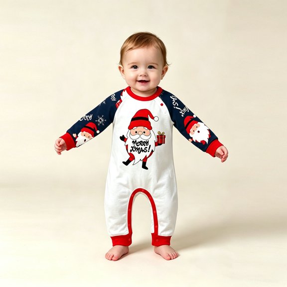 Huowey Family Christmas Pajamas Matching Sets Santa Claus Graphic Onesie Romper Long Sleeve Crew Neck Baby Funny Christmas Morning Homewear,Blue,3-6 Months