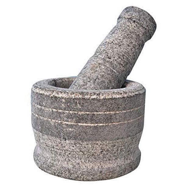 Grey Stone Mortar & Pestle Set For Spices - Okhli Masher - Khalbatta Stone | Natural & Traditional Grinder, Musal, Well Design For Kitchen, Home, Herbs (5.5 Inch)