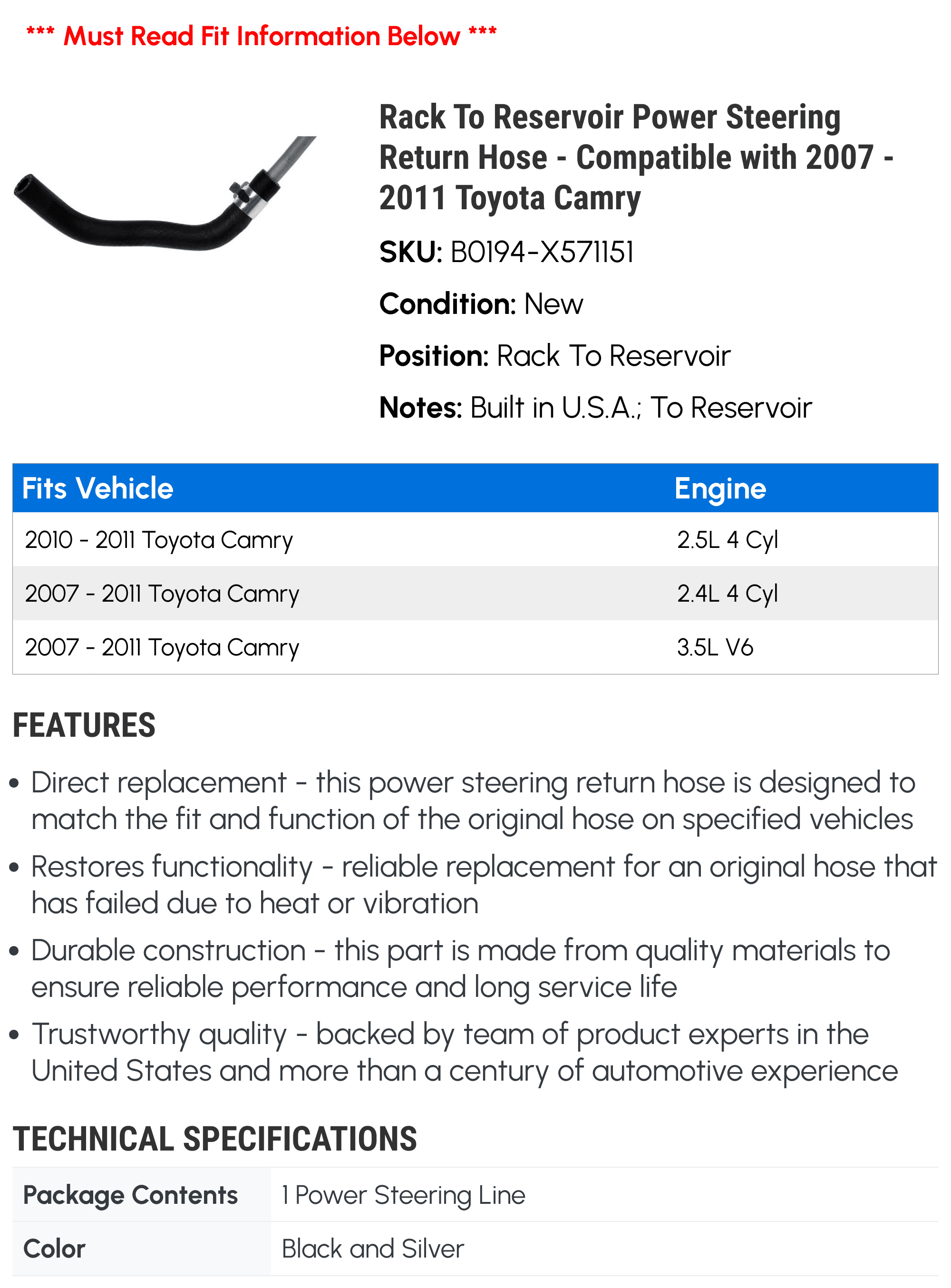 Rack To Reservoir Power Steering Return Hose - Compatible with 2007 - 2011 Toyota Camry 2008 2009 2010
