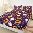 thumbnail image 4 of Homewish Cute Halloween Ghost Bed Sheets,Sunflower Autumn Floral Print Full Size Sheets,Deep Purple Yellow,4 Pieces,1 Flat Sheet,1 Fitted Sheet and 2 Pillowcases, 4 of 6