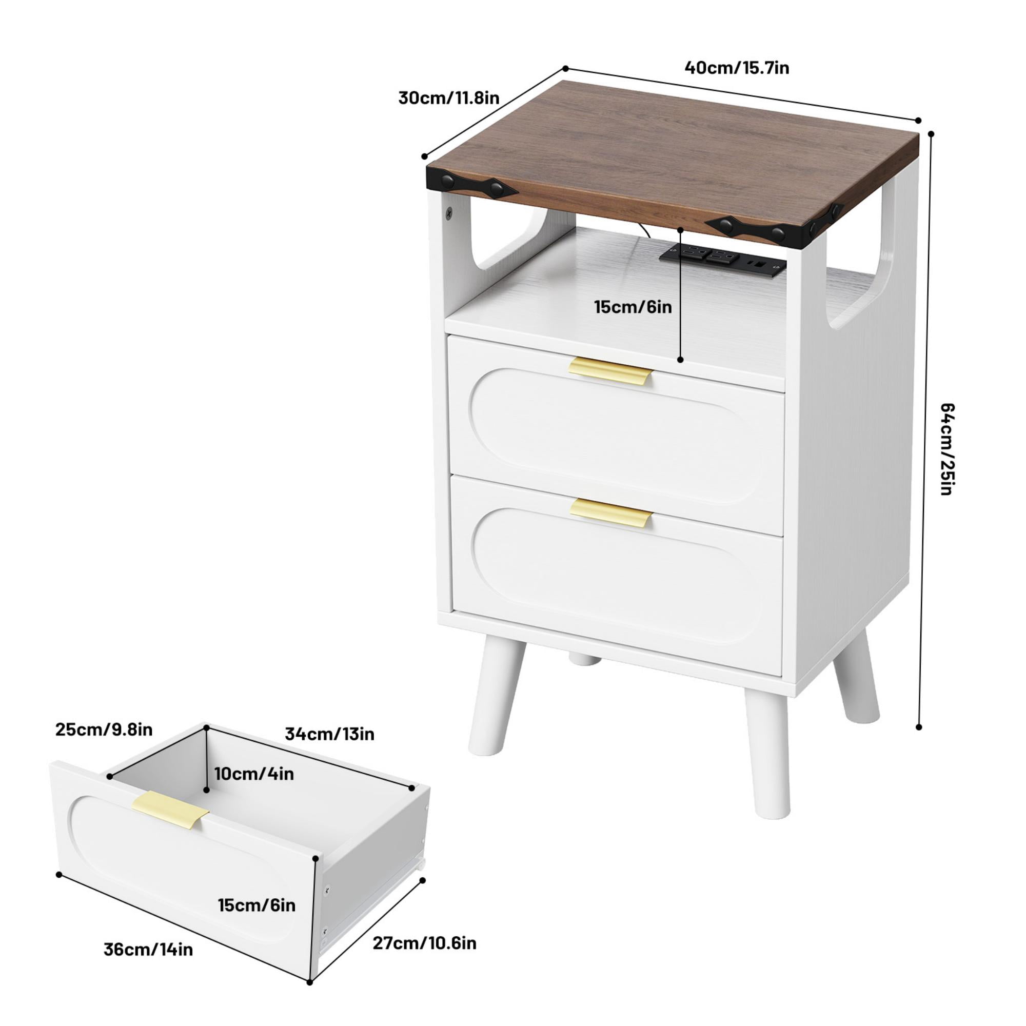 IDEALSOUL Nightstand Set of 2 with Charging Station, Smart Led Nightstand with 2 Drawer, Modern Bedside Table End Side Table Nightstands for Bedroom, Living Room,White