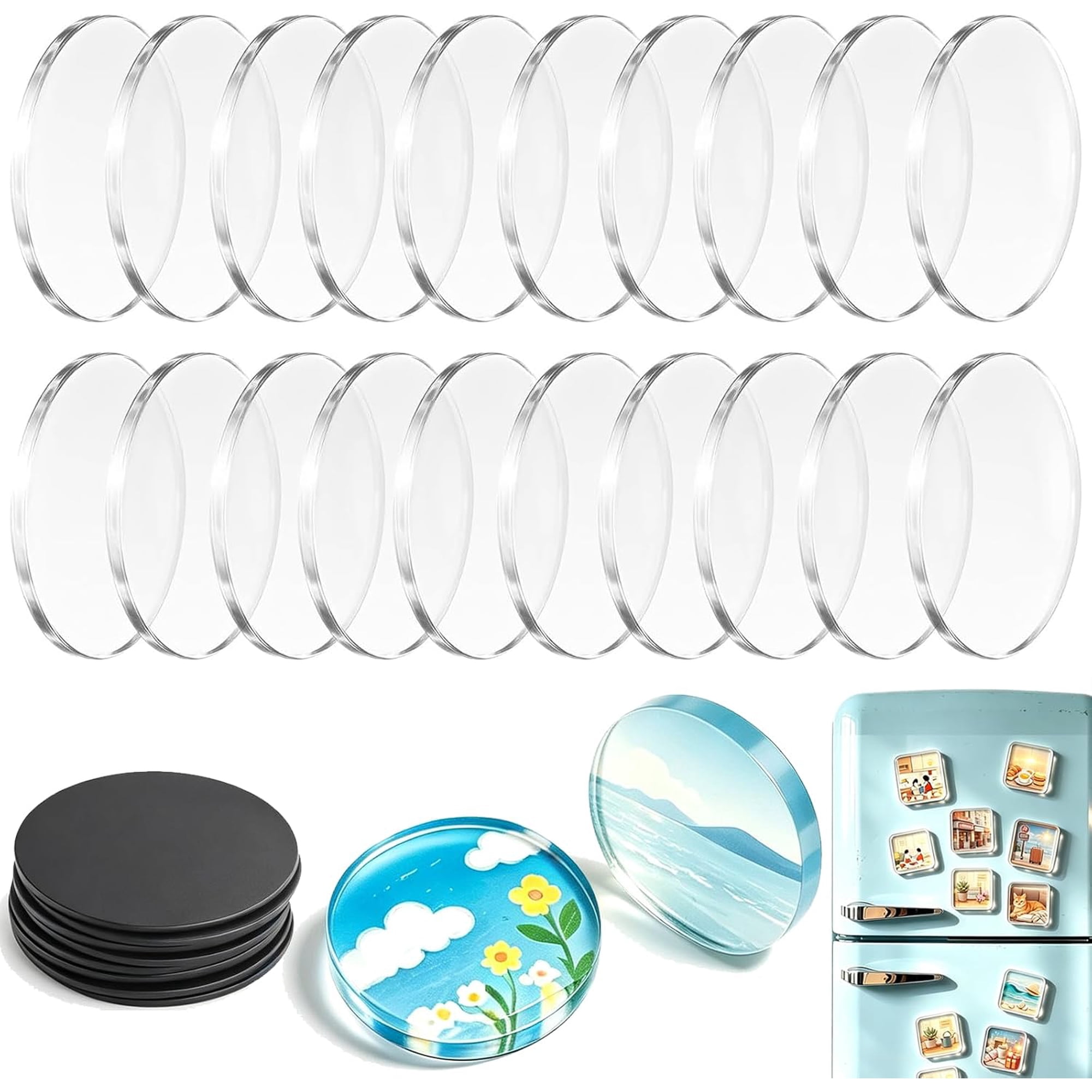 Acrylic Fridge Magnet Kit, Clear DIY Magnetic Picture Frames with Adhesive Backing, circular Photo Magnets for Refrigerator, Crafts, Office, Classroom