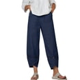 thumbnail image 2 of Mifsaly Cropped Linen Pants Women Patchwork Lace Elastic Waist Summer Capris with Pockets Eyelet Hem Details Loose Fit Casual Beach Vacation Lounge Wear Outfits Blue,XXXL, 2 of 7