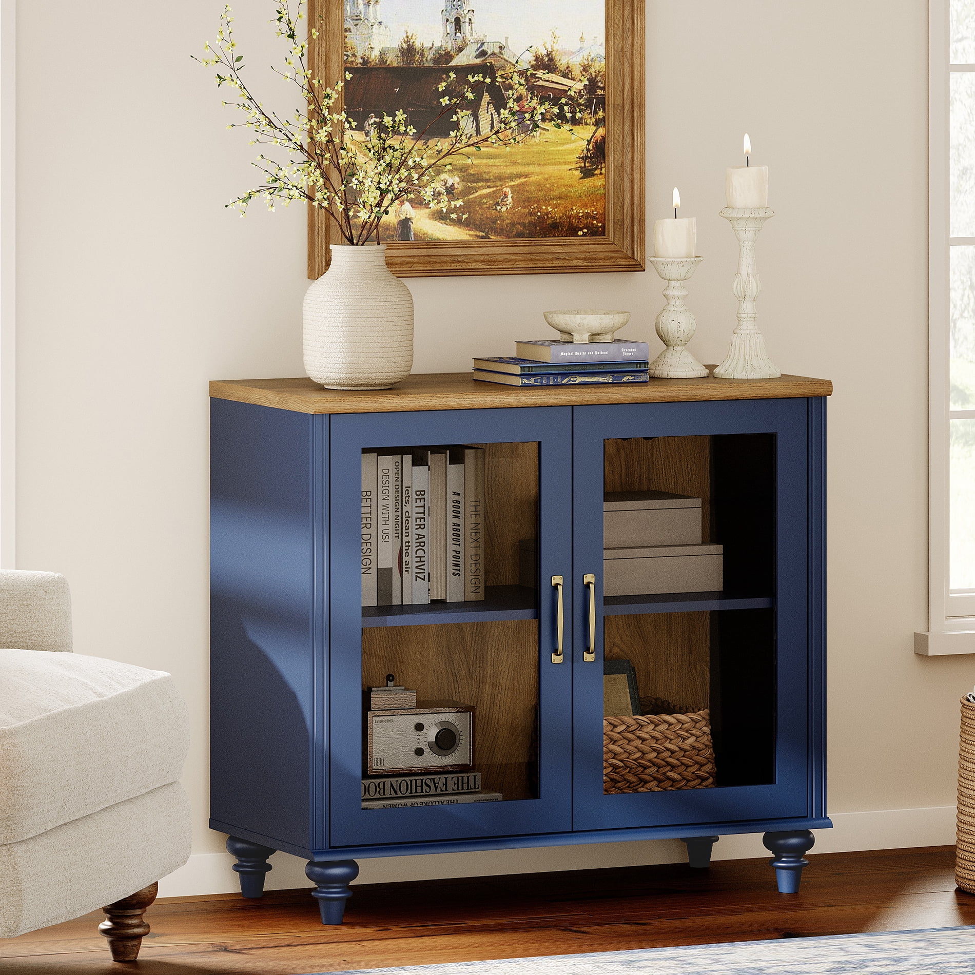 34" Buffet Cabinet with 2 Glass Doors, Kitchen Storage Cabinets, Wood Coffee Bar Table with Adjustable Shelf, Sideboard Credenza for Dining Room, Navy Blue