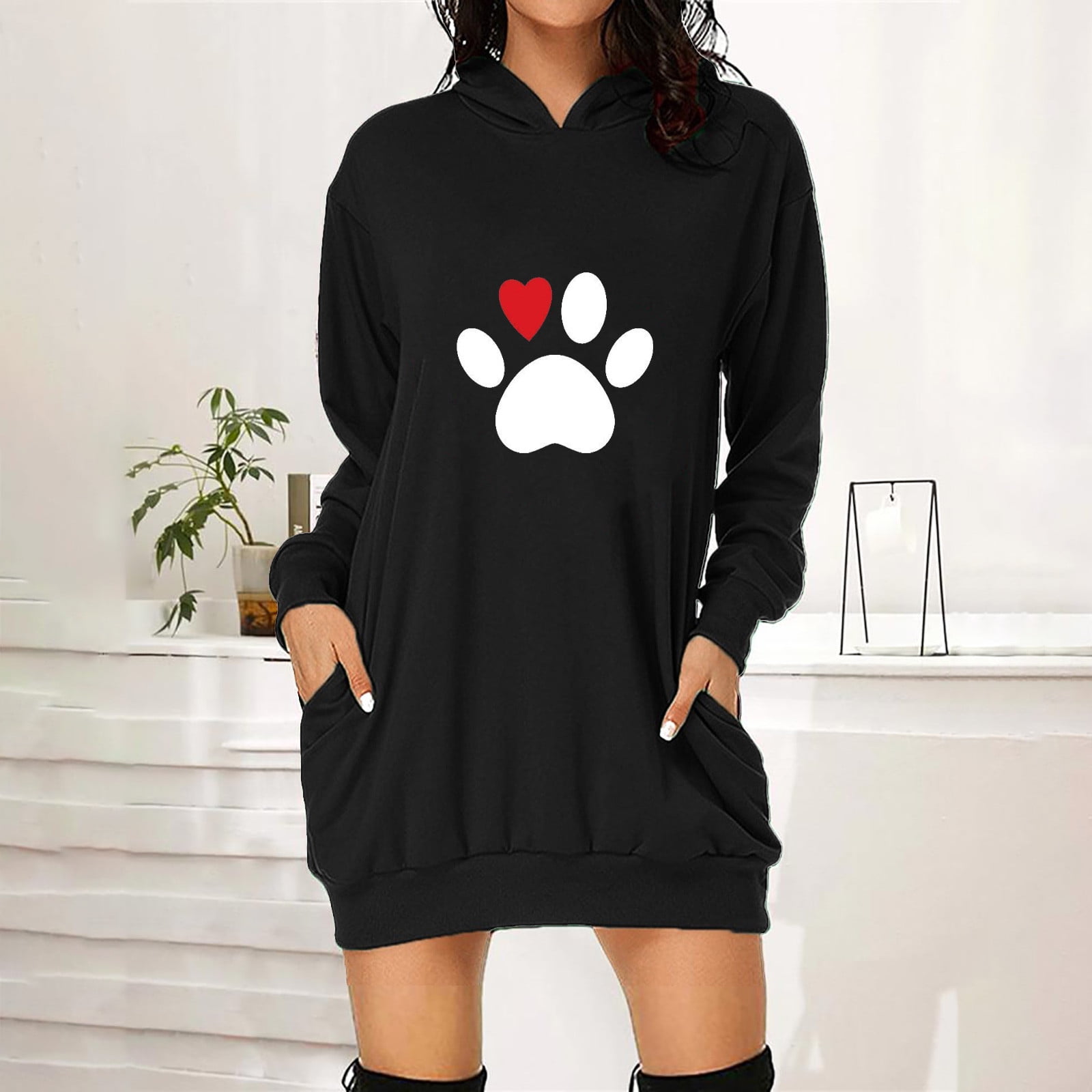 Love Heart Print Black Family Matching Long-sleeve Hoodie Dresses and Tops Sets