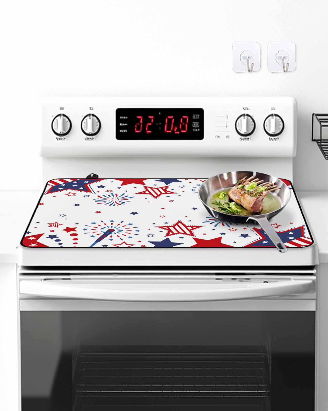 Stove Top Covers for Electric Stove, Red Blue Star 4th of July Glass Stovetop Cover Protector, Independence Day Fireworks Induction Cooktop Protector Oven Mat for Kitchen Countertop 24"x21"