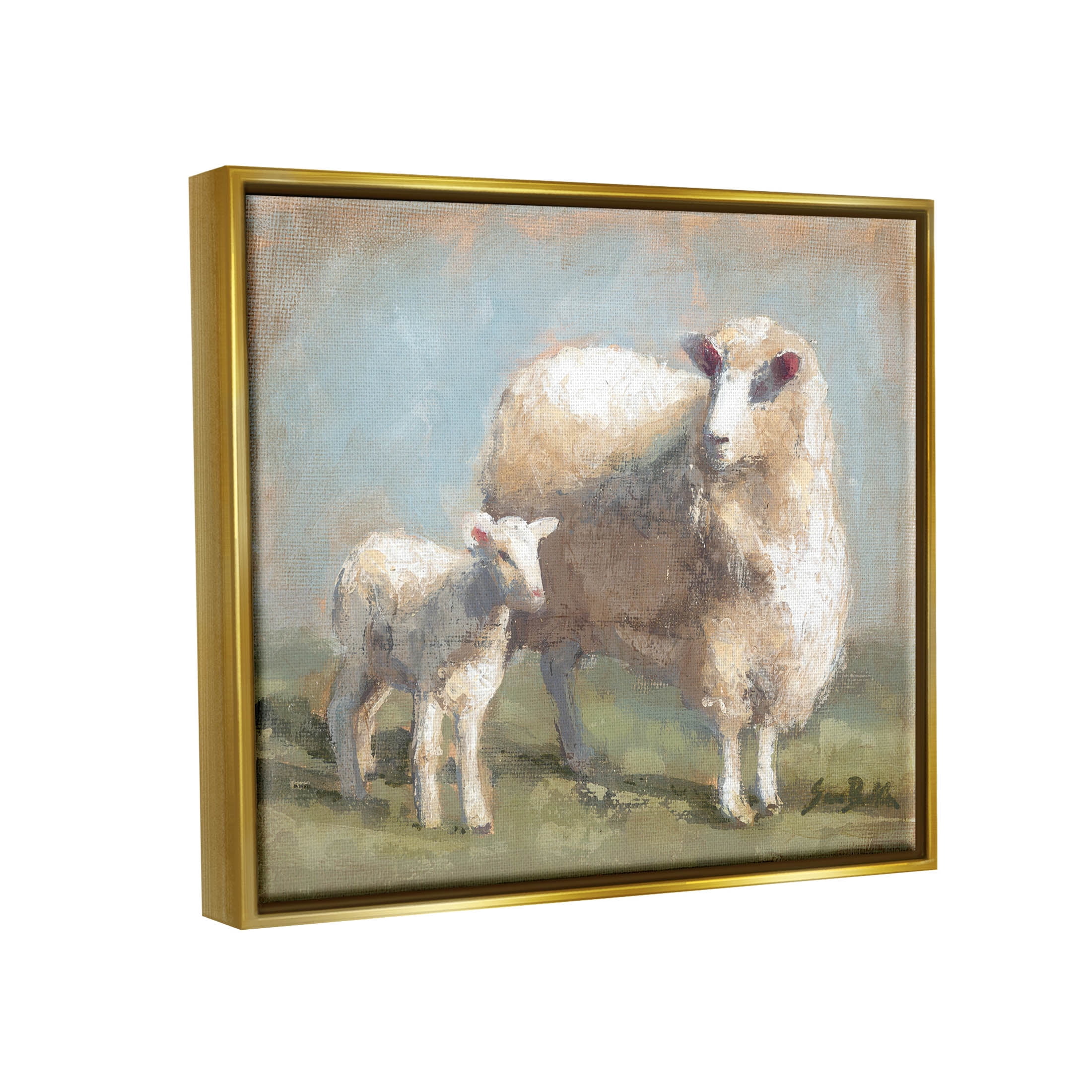 Sheep Lamb Family Farm Animals & Insects Painting Metallic Gold Framed Art Print Wall Art