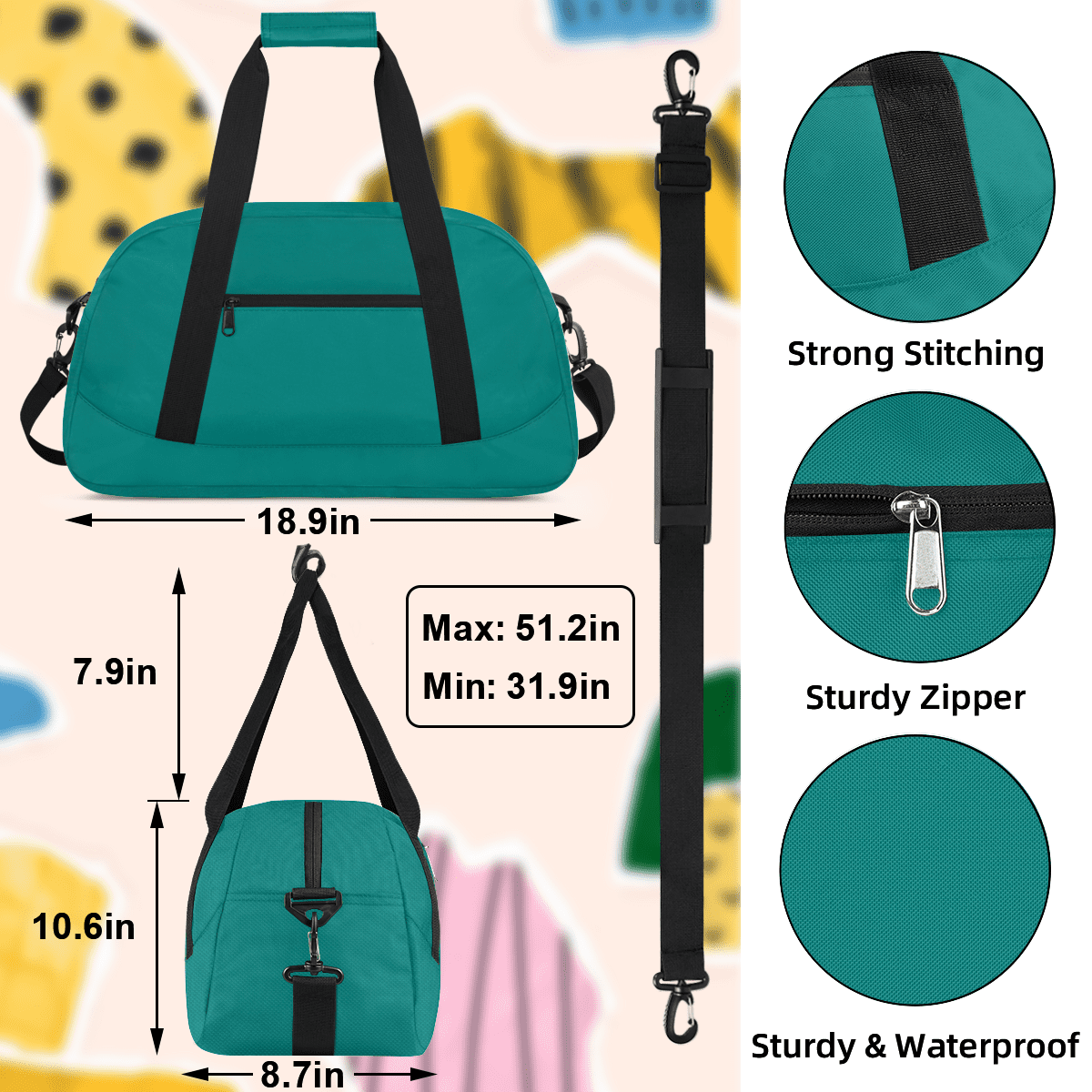 Herdesigns Teal Sports Duffle Bag for Women & Men, Gym Bag Dance Bag Overnight Bag Carry On Weekender Travel Bag