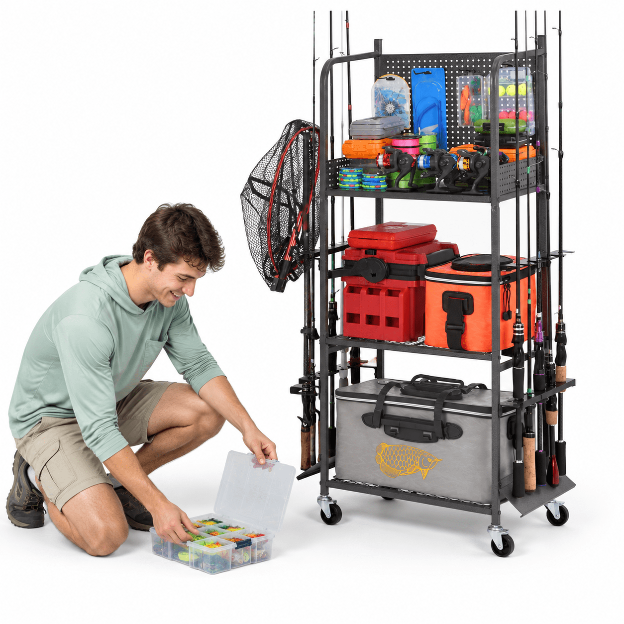 Heavy Duty Fishing Rod Rack Organizer with Movable Wheels for 10 Rods