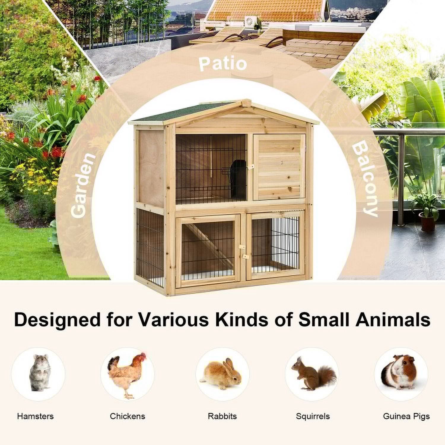 35 Inch Wooden Chicken Coop with Ramp, Rabbit Hutch for Cats, Rabbits, Bunnies, Guinea Pigs
