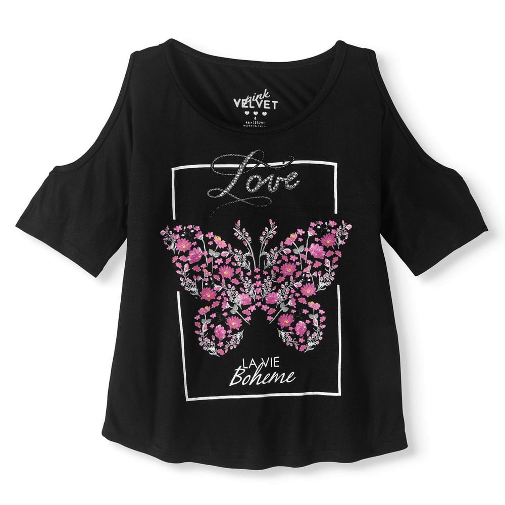 Pink Velvet - Little Girls' 4-6X Cold Shoulder Graphic T-Shirt With 