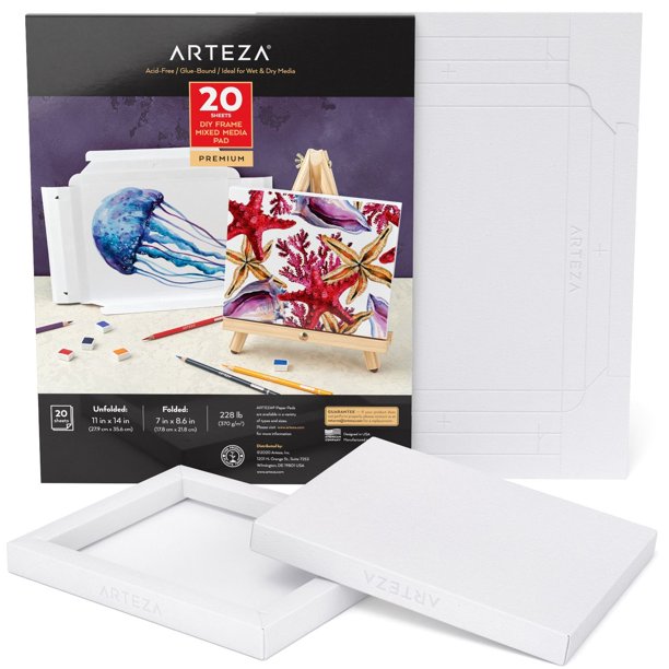 Arteza Mixed Media Pad, White DIY Frame, BleedProof Paper, 11"x14