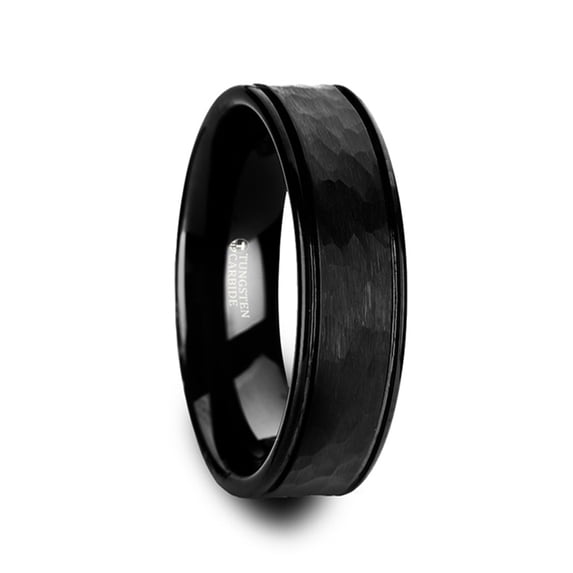 JOINER Hammered Finish Center Black Tungsten Carbide Wedding Band with Dual Offset Grooves and Polished Edges - 8 mm