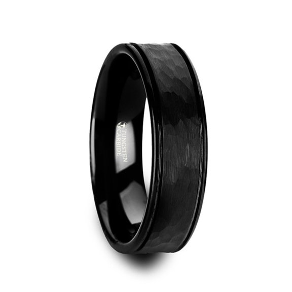 JOINER Hammered Finish Center Black Tungsten Carbide Wedding Band with Dual Offset Grooves and Polished Edges - 8 mm