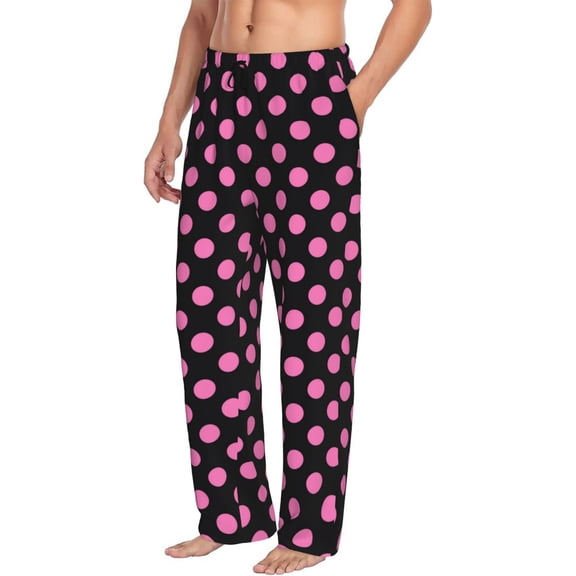 Mens Pajama Pants Bottoms with Pockets - pink polka dot black Comfy Mens Pj Pants, Soft Men Lounge Pants