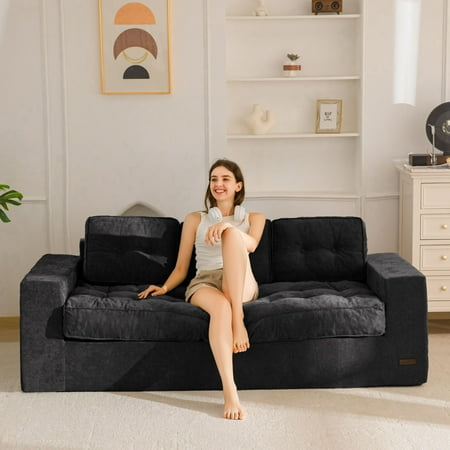 BYBYME 3 Seater Boneless Couch,Chenille Comfy Sofa with Extra Deep Seats for Living Room,Green