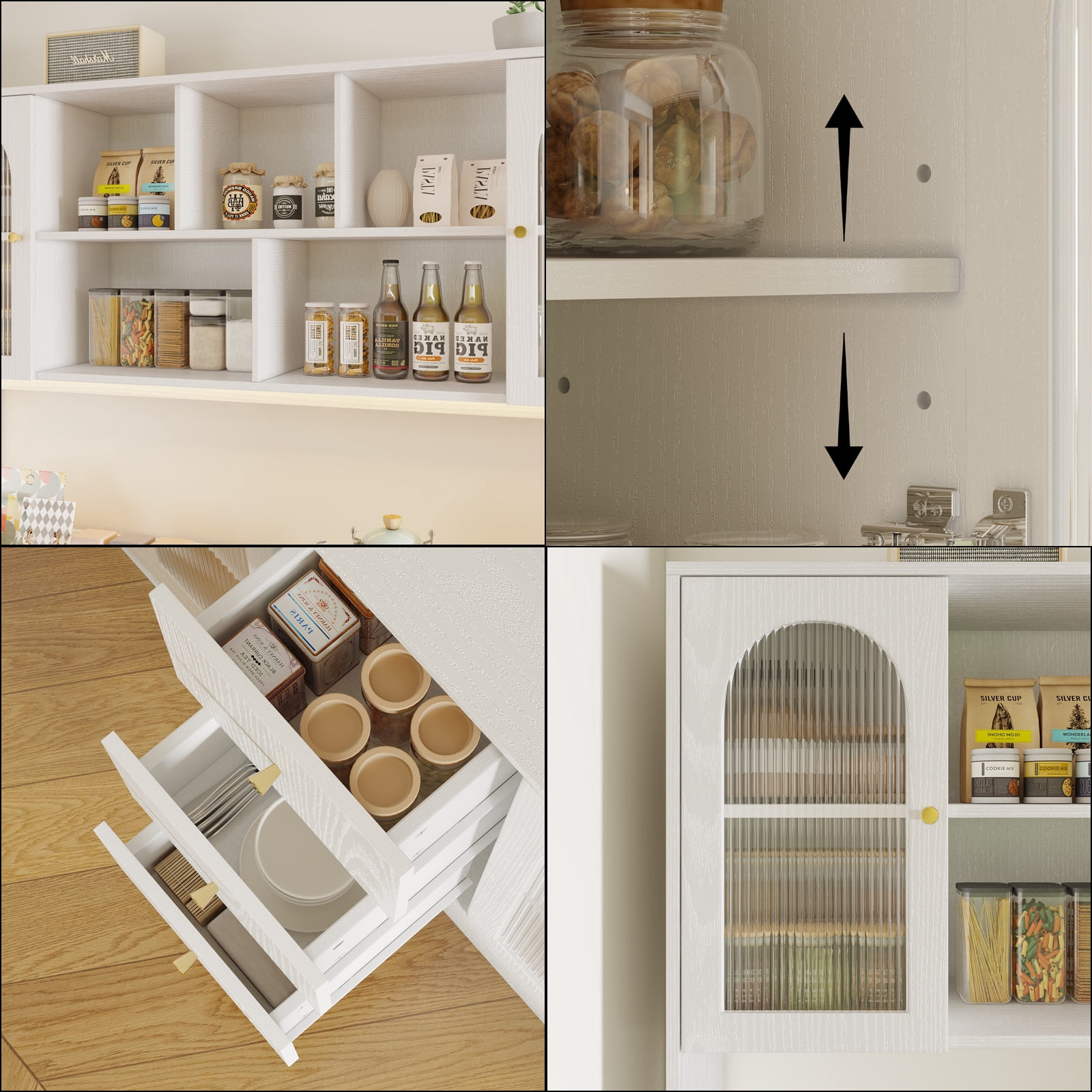 RichYa Kitchen Pantry with RGB LED Light,3 Drawers Hutch Storage Cabinet with Doors & Adjustable Shelves,Cupboard Buffet for Dining Room,White