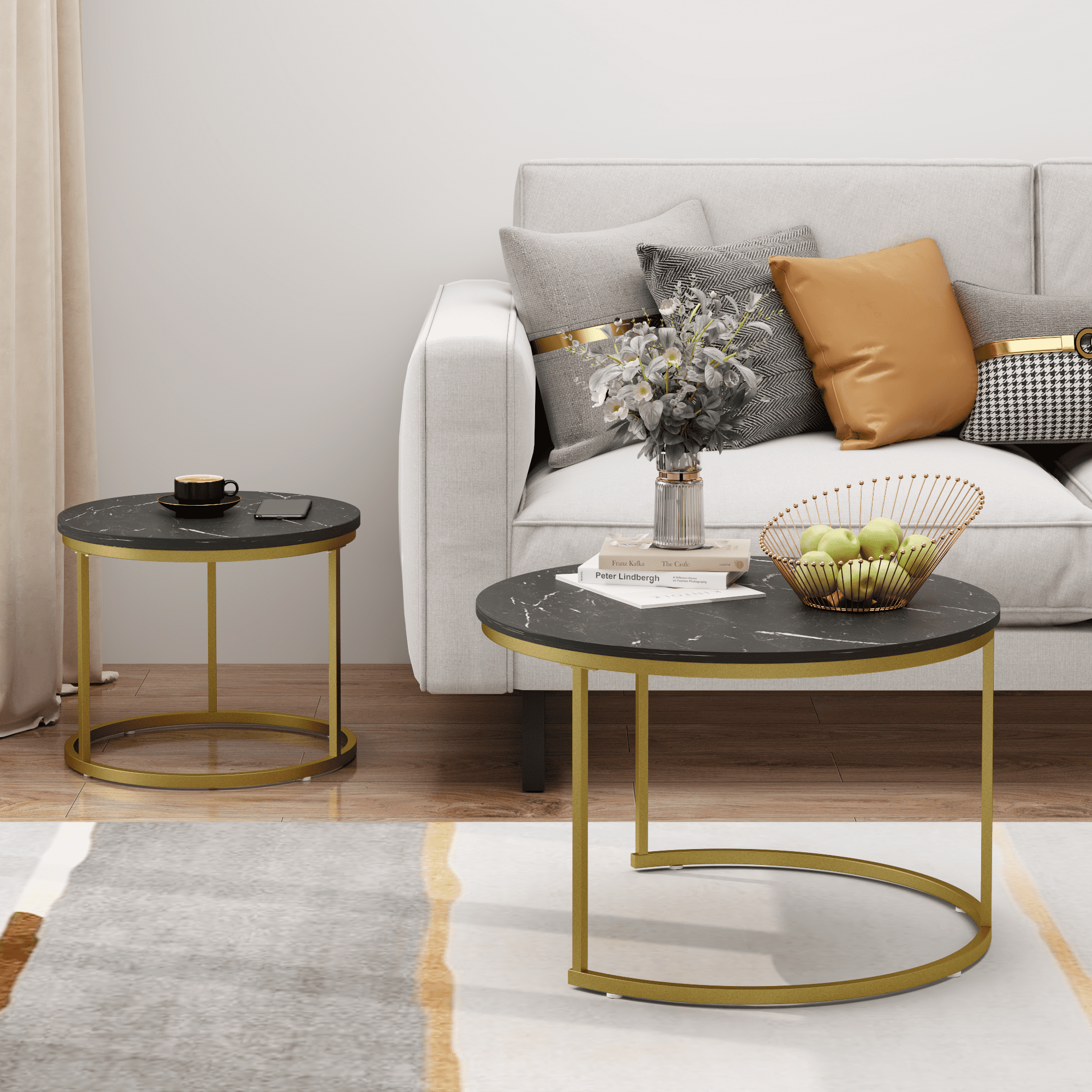 27.6in Nesting Coffee Table Set of 2, Round Coffee Table Wood Marble Pattern Top with Sturdy Metal Frame, End Table Side Tables for Living Room Bedroom Balcony Yard (Black)