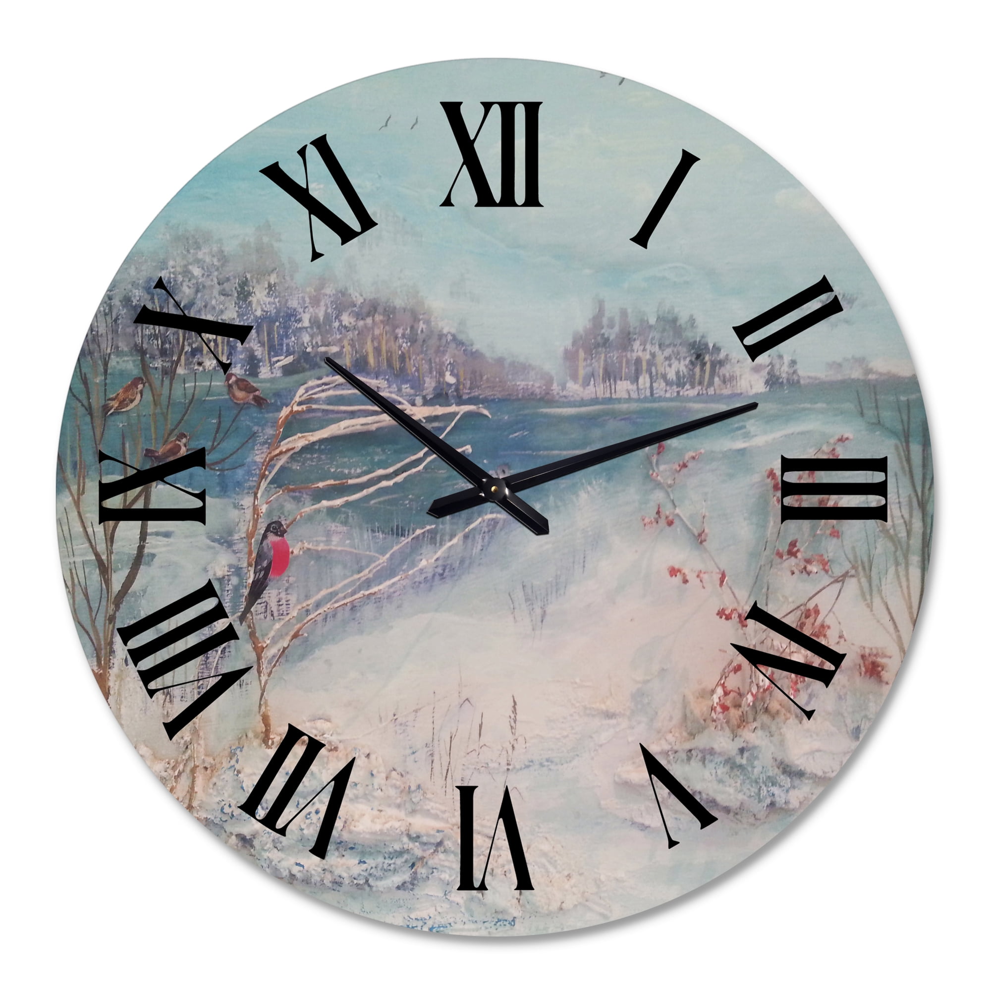 Designart 'Winter Trees River And Birds' Lake House Wall Clock
