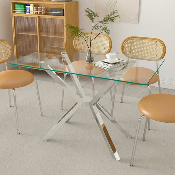 KATBOC 47.24in Rangular Tempered Glass Dining Table, Metal Legs Modern Design, Kitchen Table for Dining Room, Sliver