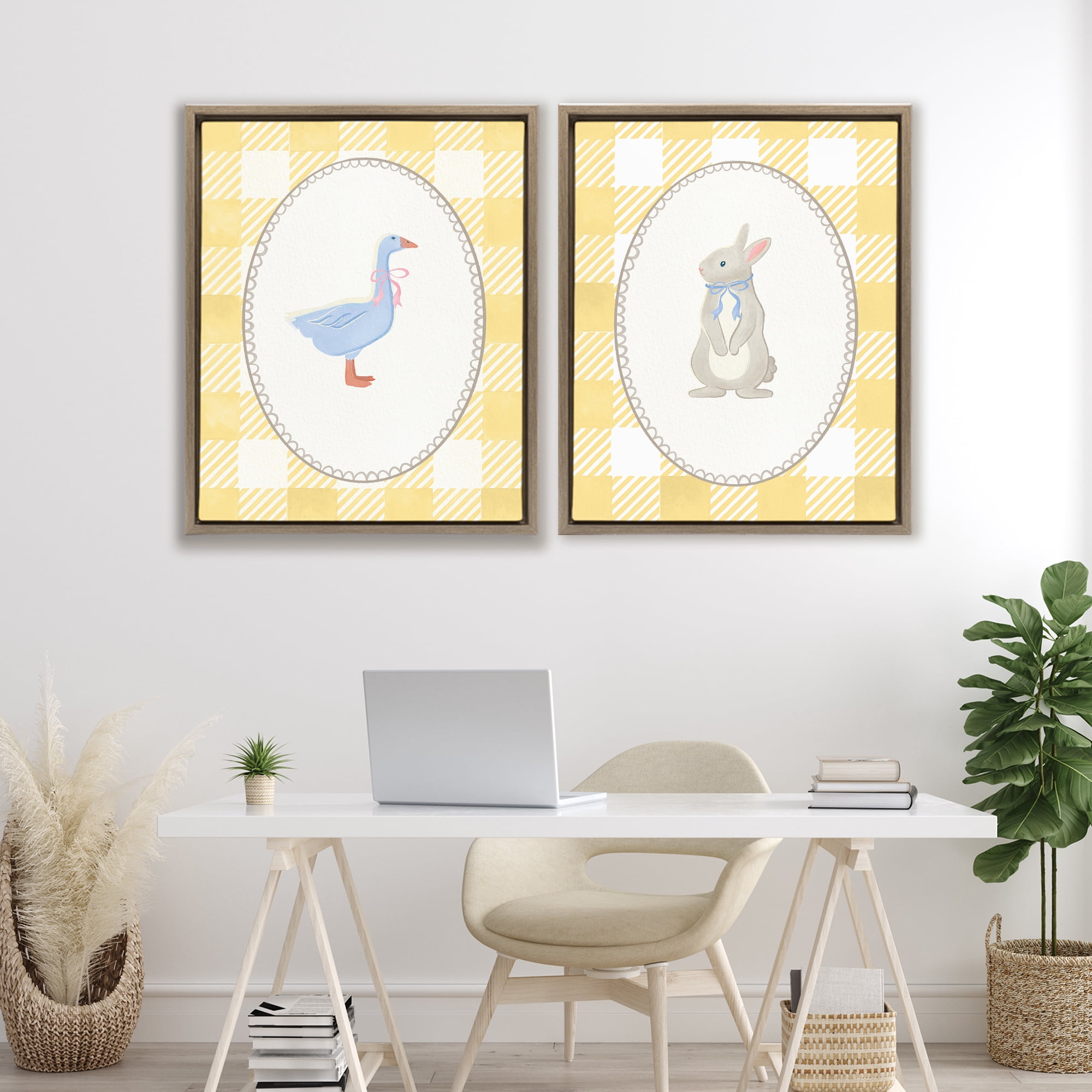 Stupell Industries Goose & Bunny Yellow Gingham 2 Piece Brown Framed Floater Canvas Set, design by The Paper Curator
