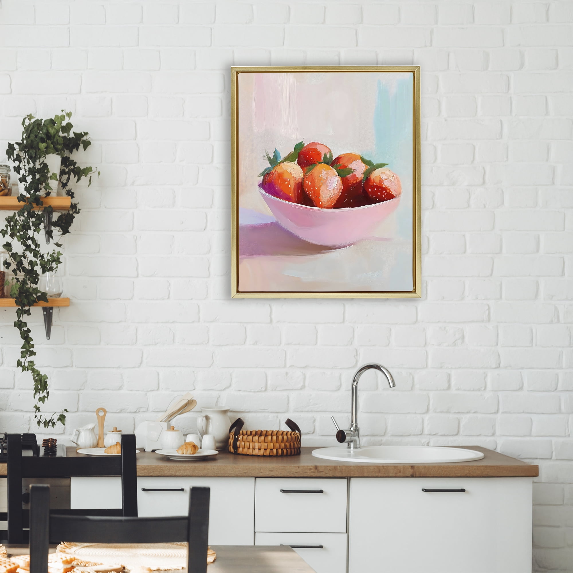 Stupell Industries Pastel Bowl of Strawberries Gold Framed Floater Canvas Wall Art, design by The Prints Vibe