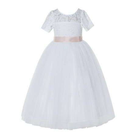 

White Floral Lace Tulle Flower Girl Dress Junior Ceremonial Gown LG2R