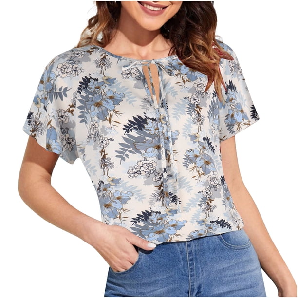 Blusa holgada de manga corta con cuello en V y estampado floral informal de verano para mujer Pompotops hkajfhjk471918