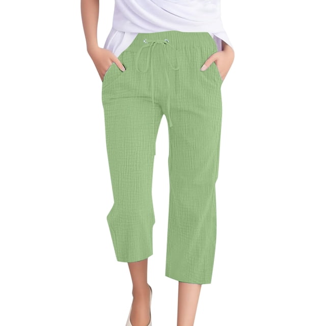 Pantalones casuales de mujer de tejido liso de color liso 7/8: tejido transpirable, cintura de altura media y estilo versátil para el uso diario.