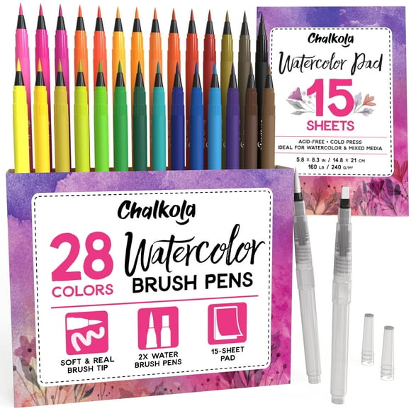 Chalkola Watercolor Brush Pens For Lettering Coloring Calligraphy - Set Of 28 Watercolor Pens 15 Painting Pad & 2 Watercolor Markers - Drawing Art Supplies For Kids Adults Professional Artist