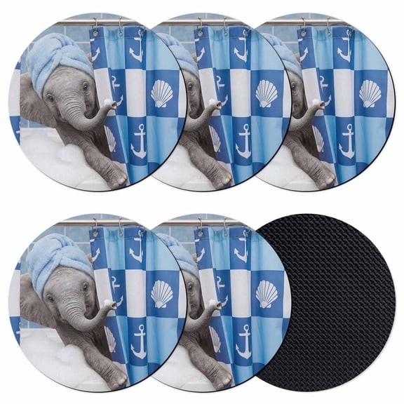 Funny Elephant Coasters Set of 6, Absorbent Coasters for Drinks, Cute Art Modern Lovely Animals on Showering Coaster for Desk Coffee Table Protection, Home Decor House Warming Gifts 4"
