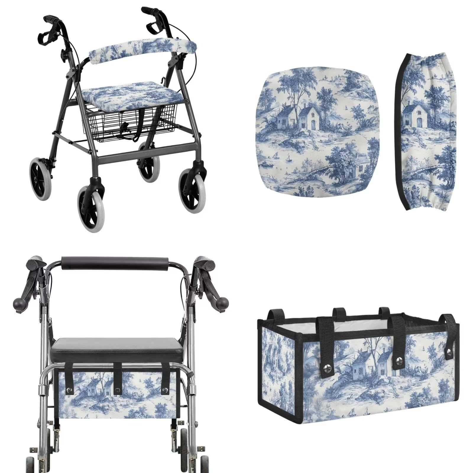 COEQINE Rollator Walker Seat and Backrest Covers with Storage Bag 3 Pieces Set, Universal Washable Rollator Walker Accessories Gifts for Seniors Ladies, Blue Toile De Jouy House