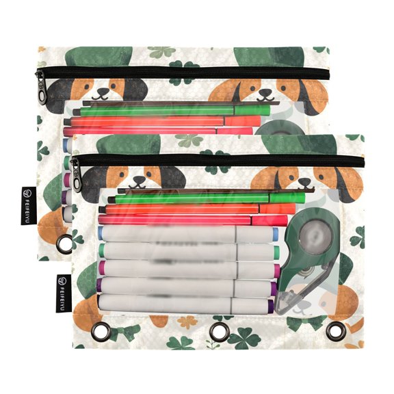 Ckdifva Four Leaf Clover Dogs Pencil Pouch 3 Ring Zipper Pencil Case Binder Pockets Clear Top Cosmetic Bag 2 Pack