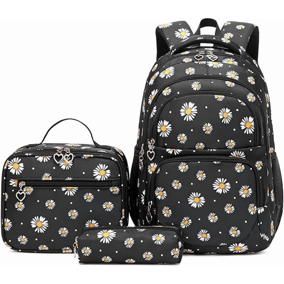 3Pcs Daisy Prints Backpack for Girls Middle-School Elementary Students Bookbag Set with Lunch Box,Black