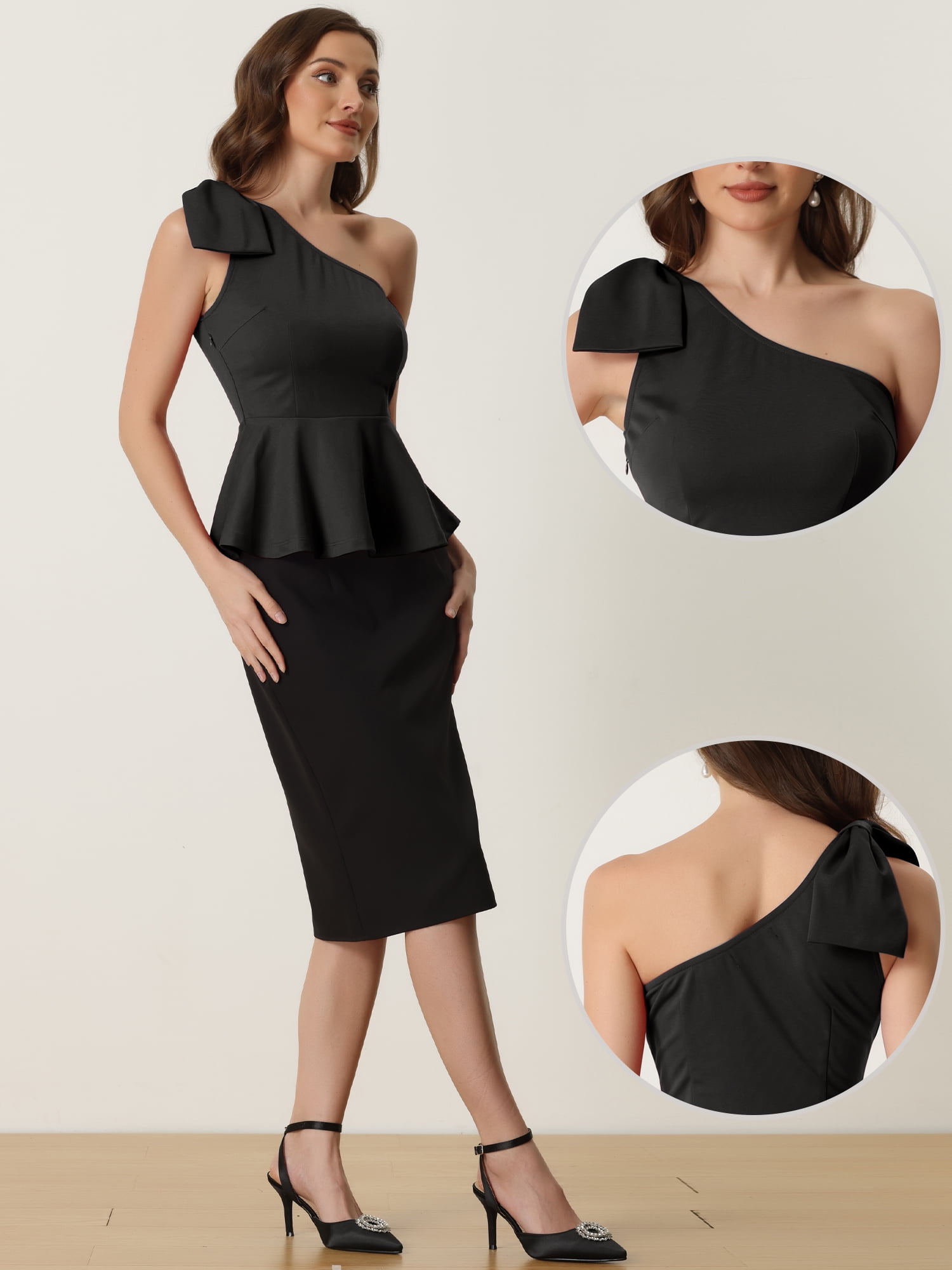 DARING DIVA Women's One Shoulder Top Bow Ruffled Peplum Top M Black