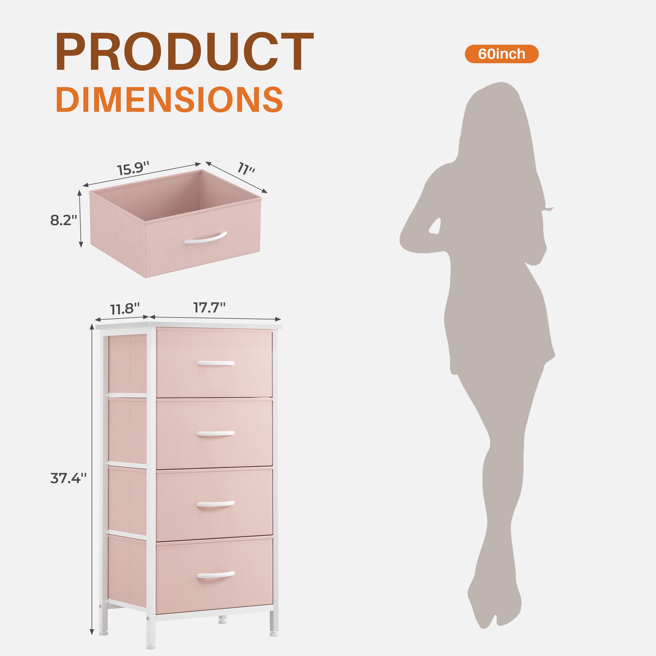 CONCETTA 4-Drawer Fabric Dresser Storage Chest for Bedroom, Closet, Storage Furniture for Adults, Pink