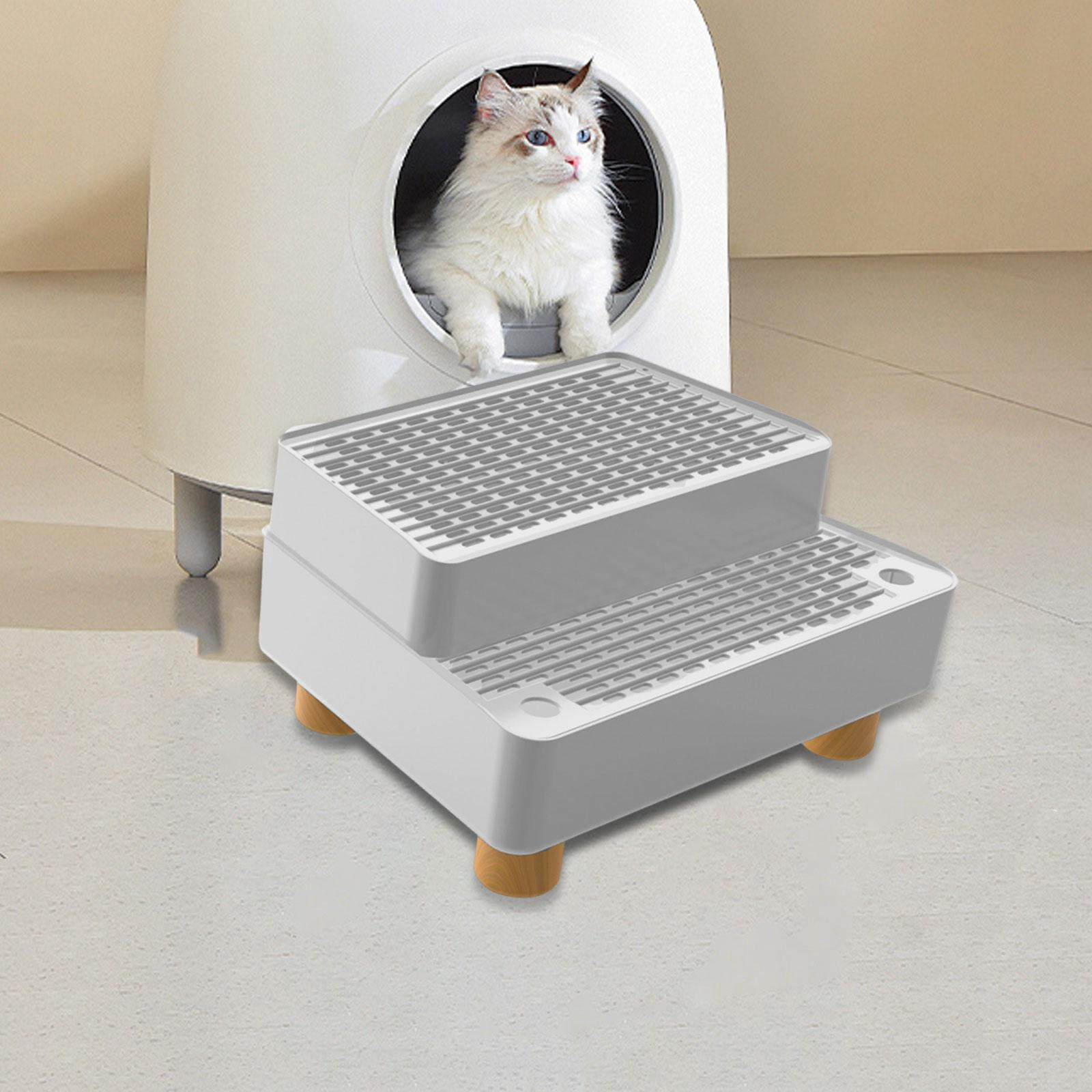 CarpNettore Automatic Cat Litter Box Ramp 2 Steps Waterproof Pad Mat with Non Slip Feet Leakproof Cat Litter Stair for Small Elderly Cats Light Grey