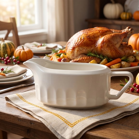 24 Oz Capacity Gravy Boat, Premium White Ceramic, Modern Design with Ergonomic Handle, Drip-Free Pouring Spout, Dishwasher Safe