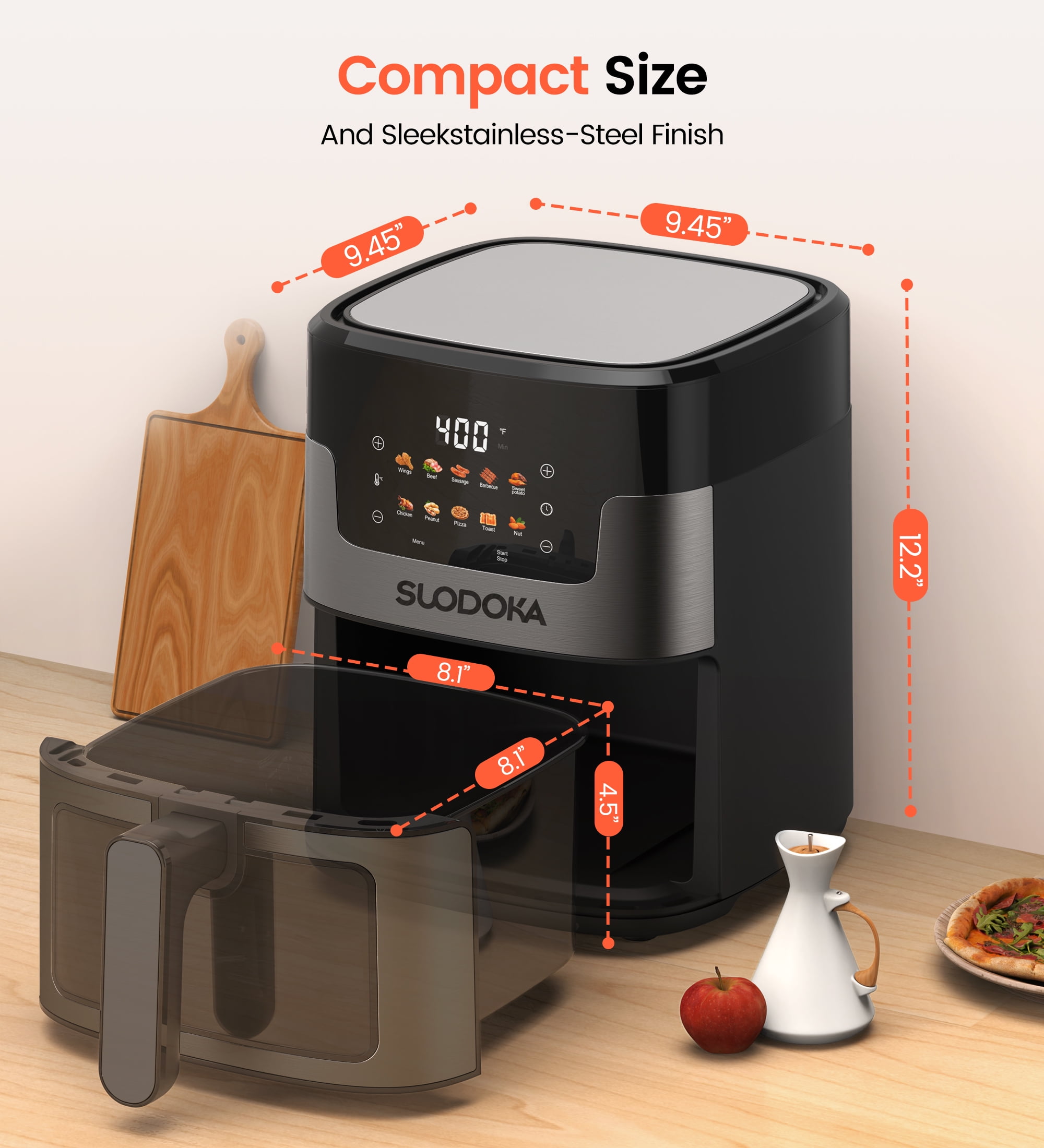 Suodoka 10 in 1 Air Fryer 6 Qt Capacity, Compact Countertop with Nonstick Basket, 400F Air Crisp