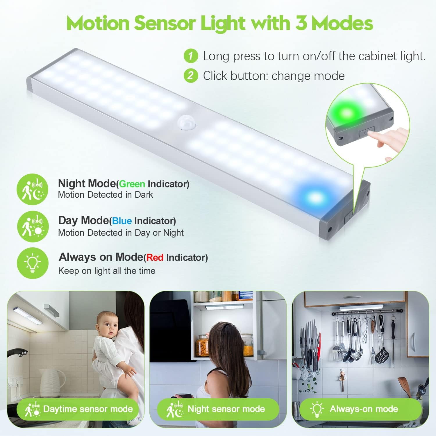 OGEDNAC 60 LED Under Cabinet Lighting Kit, USB-C Rechargeable Closet Light with Charging Station, Remote Control, Timer, Motion Sensor Wireless Kitchen Night Lights for Wardrobe, Cupboard, 3 Pcs