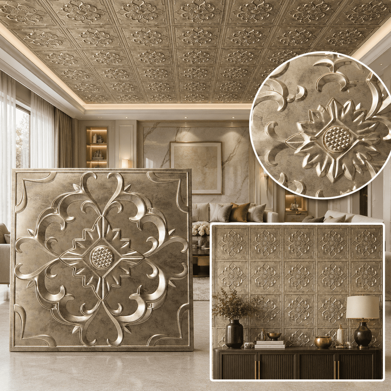 Yeslife 12-Pack 2 ft x 2 ft PVC Drop Ceiling Tiles, Vintage 3D Embossed Decorative Panels, Waterproof, Glue-up, Antique Gold, 48 sq ft