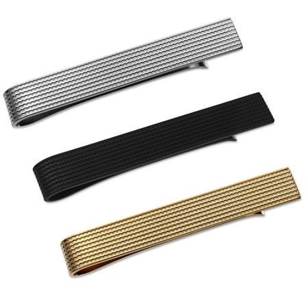 3 Pc Mens Tie Clip Bar Set Textured for Regular Ties 2.1 Inch, Silver, Black, Gold in Deluxe Gift Box