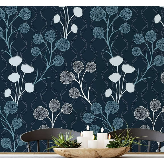 S4sassy Self Adhesive Wallpaper, Blue Floral Bud Print Mural Wall Paper, Textured Peel and Stick Contact Paper for Walls, Entryway accent Wall, Office Decor, Solution (25"x60" inch)