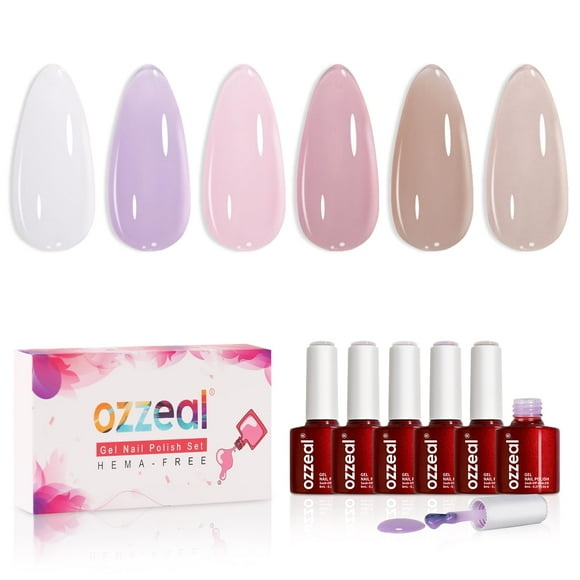 Ozzeal Milky White x Jelly Nude Gel Nail Polish Set, 8ml Hema Free 6 Sheer Colors Transparent Pink Lavender Purple Soak off U V Light Spring Summer Gel Polish Kit for Salon and Nail Art DIY Home