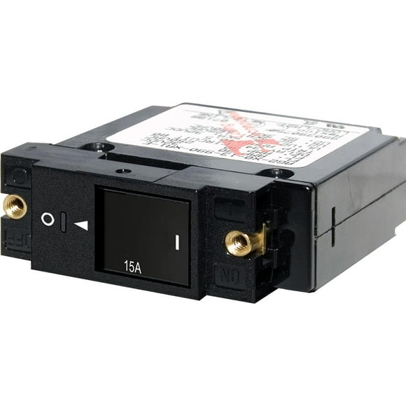 Blue Sea Circuit Breaker 7428-BSS A Series; 15 Ampere; 240 Volt AC/32 Volt DC; Single Pole Magnetic Hydraulic Type; Restricted-OFF Rocker Actuator; 10-32 Screw Terminal; Single