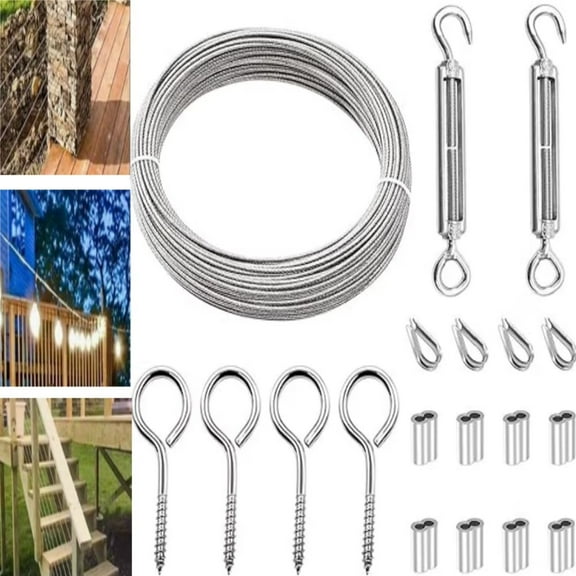 20m Wire Rope Kit with Turnbuckles - 304 Stainless Steel for Railings, Hanging Lights & Decor