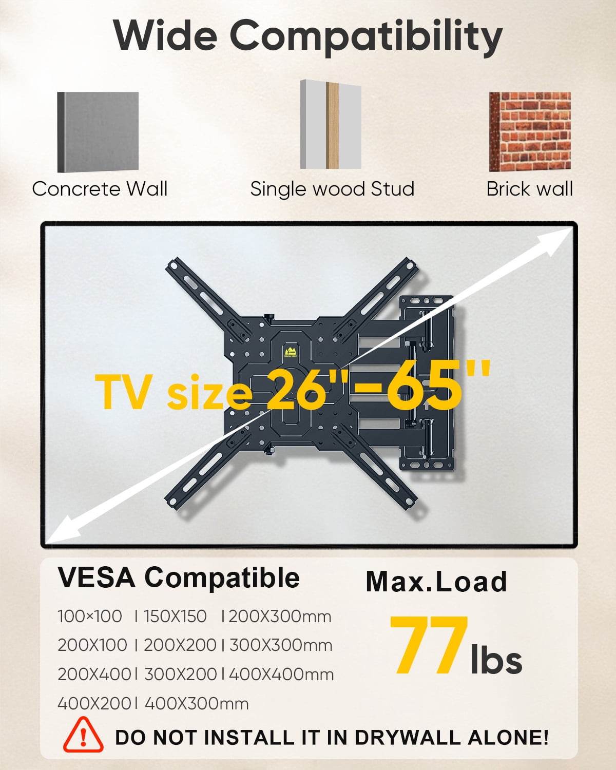FORGINN MOUNT Long Arm TV Wall Mount with 40.75 Inch Extension, Corner TV Mount Bracket with Swivel, 180° Rotation, Tilt, 3 Folding Articulating Arms for 26-65 Inch TVs, Max 400x400mm Holds 77lbs