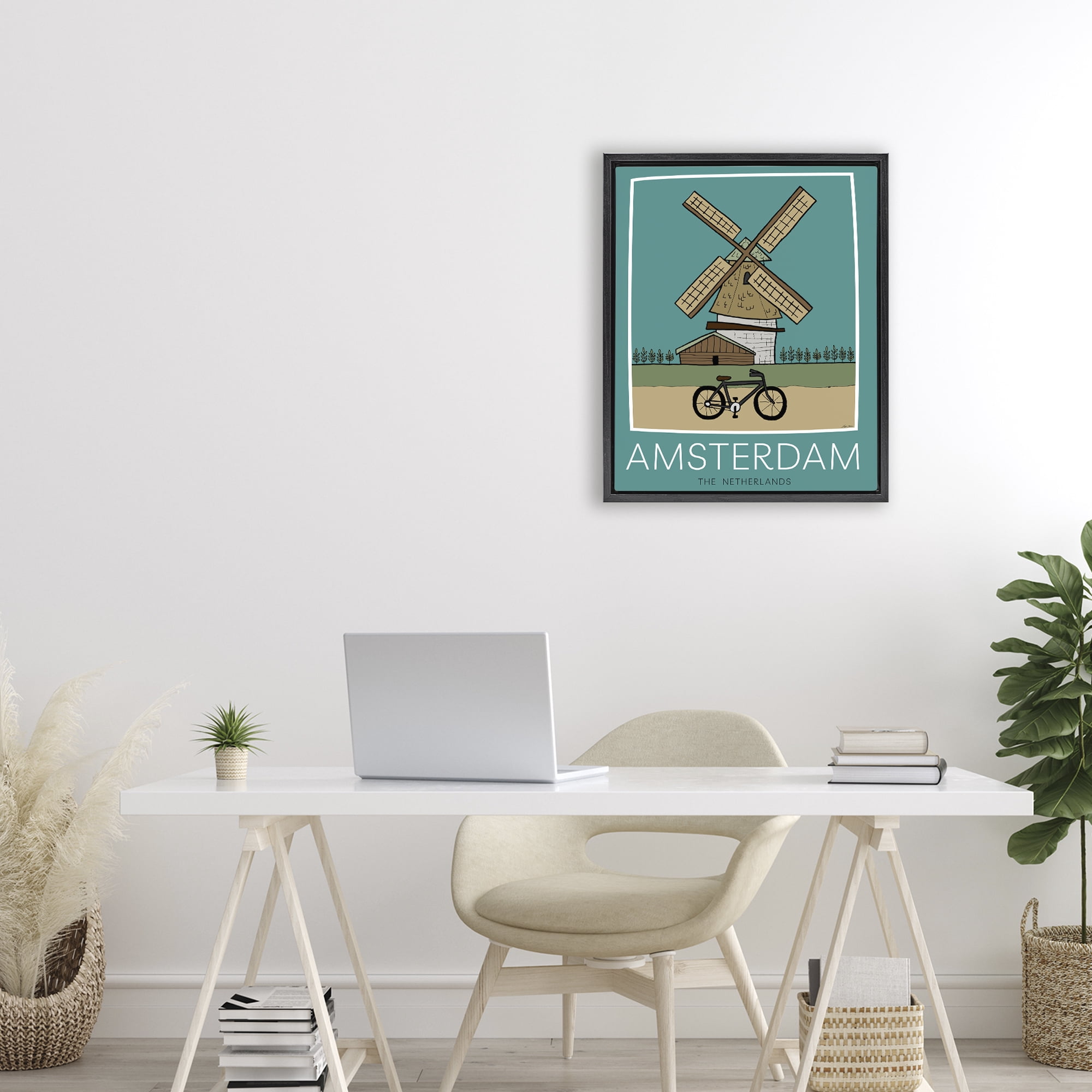 Stupell Industries Amsterdam Windmill Poster Black Framed Floater Canvas Wall Art, design by Hugo Edwins