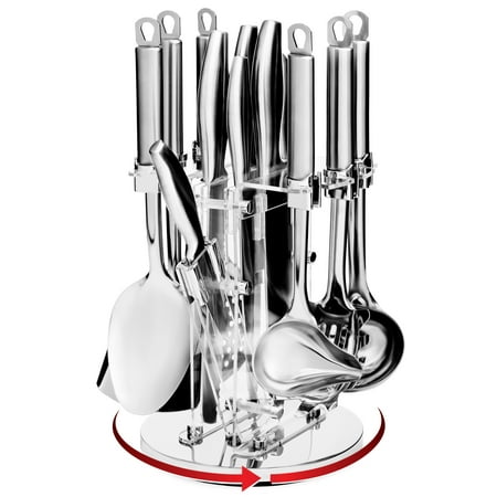 Best Choice Products 13-Piece Home Kitchen Stainless Steel Cooking Tool Utensils w/ Knife Set, Sharpener, Rotating Display Stand - (Best Utensils To Use With Stainless Steel Cookware)